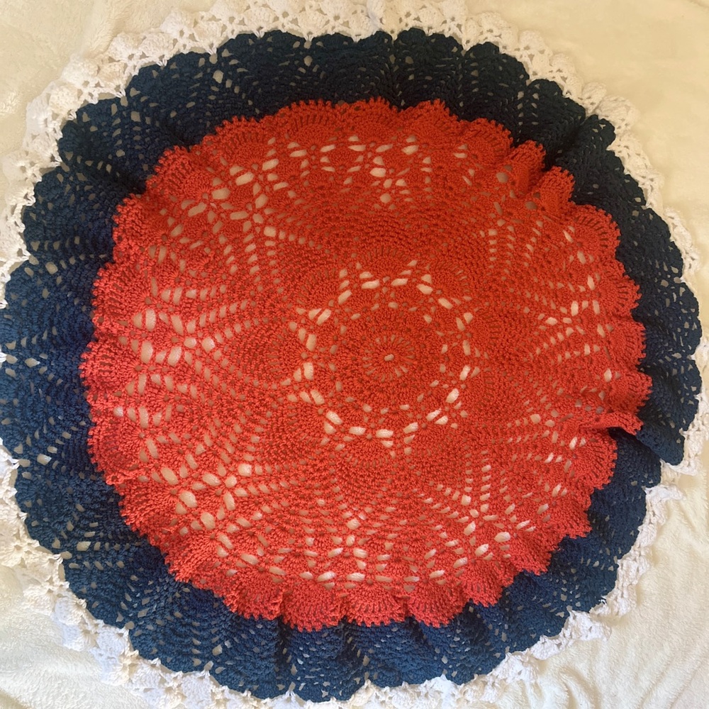 Handmade never used Round crocheted Afghan throw blanket  coral navy